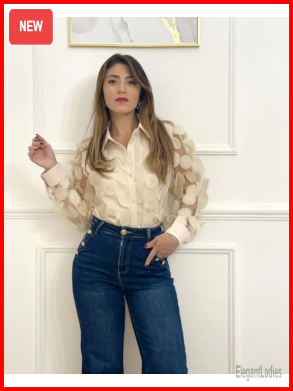 Women's Long Sleeve Button Down Blouse Sheer Polka Dot Dressy Casual Work Top - Picture 5 of 6